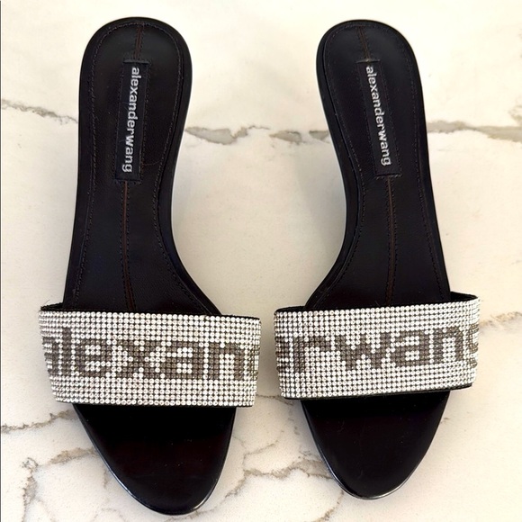 Alexander Wang Black Jo Crystal Logo Slide Silver Sandals Kitten Heel Size 36/ 6 - Picture 2 of 16